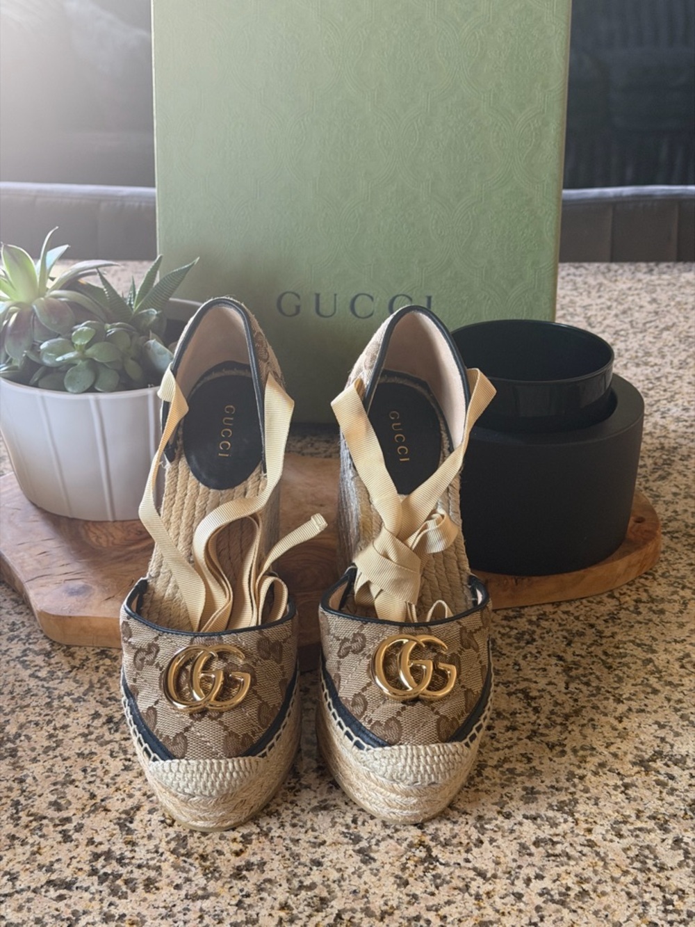 Gucci Beige Brown GG Canvas Espadrille Wedges with Gold Double G